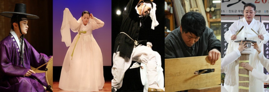 국가유산청이 선정한 국가무형유산 ‘올해의 이수자’. 왼쪽부터 경기민요 전병훈, 살풀이춤 송효진, 강령탈춤 김진태, 악기장 표영광, 씻김굿 양용은씨.