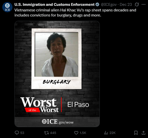 미국 이민세관단속국(ICE)이 지난 23일(현지시간) 구금한 이민자의 사진을 올리며 “최악 중의 최악”이라고 설명하고 있다.게시물에는 “베트남 출신 범죄자로 절도,<a href=