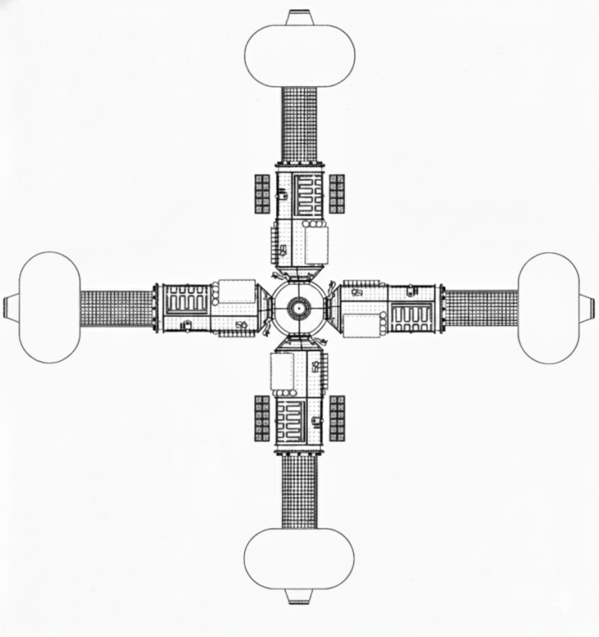 러시아 기업 에네르기아가 특허 상세문서에 삽입한 인공중력 생성 우주정거장 그림.에네르기아 제공