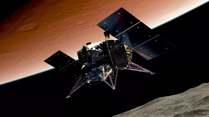 화성 위성 ‘포보스’로 일본 우주항공연구개발기구(JAXA) 탐사선이 접근하는 상상도. JAXA 제공