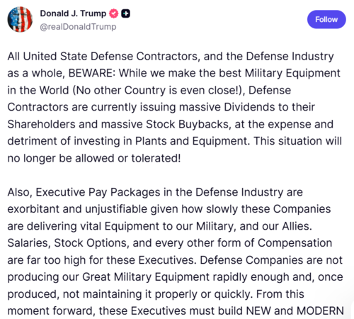 최근 도널드 트럼프 미국 대통령의 트루스소셜 게시물.미 방산업체의 배당금 지급 및 자사주매입을 금지하고 대신 신식 무기 확충을 위한 시설 투자를 해야 한다고 밝혔다.트루스소셜 갈무리