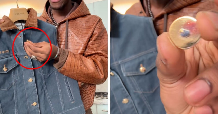 명품 미우미우 데님 조끼의 금색 단추(빨간색 원)가 포장을 풀자마자 후두둑 떨어지는 모습.위즈덤 케이 SNS 갈무리