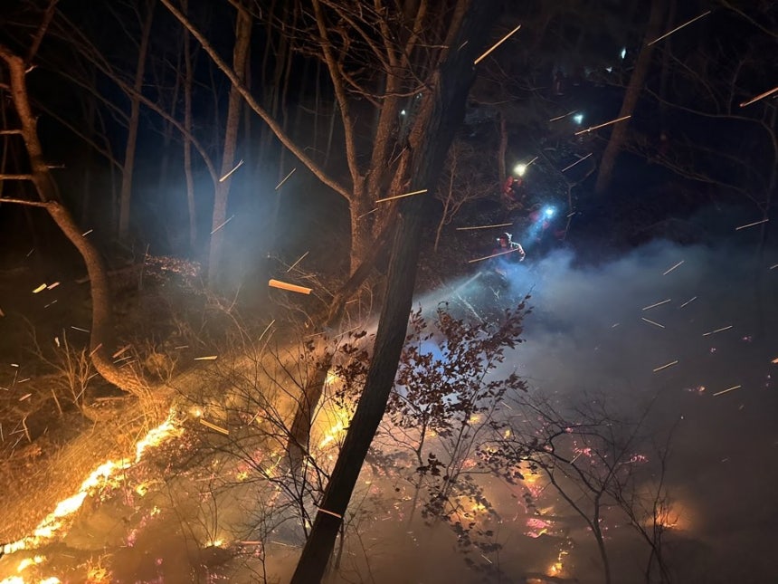 산불재난특수진화대가 경남 함양 산불을 진화하고 있다. 산림청 제공