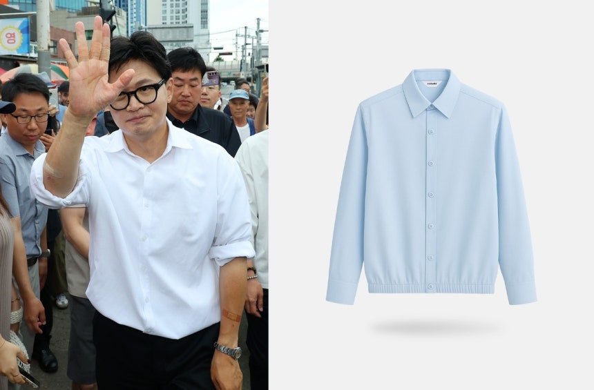 구포시장 달려가 감사 인사하는 한동훈과 그가 착용한 바이모노의 쏙쏙 셔츠.사진 제공 연합뉴스,<a href=