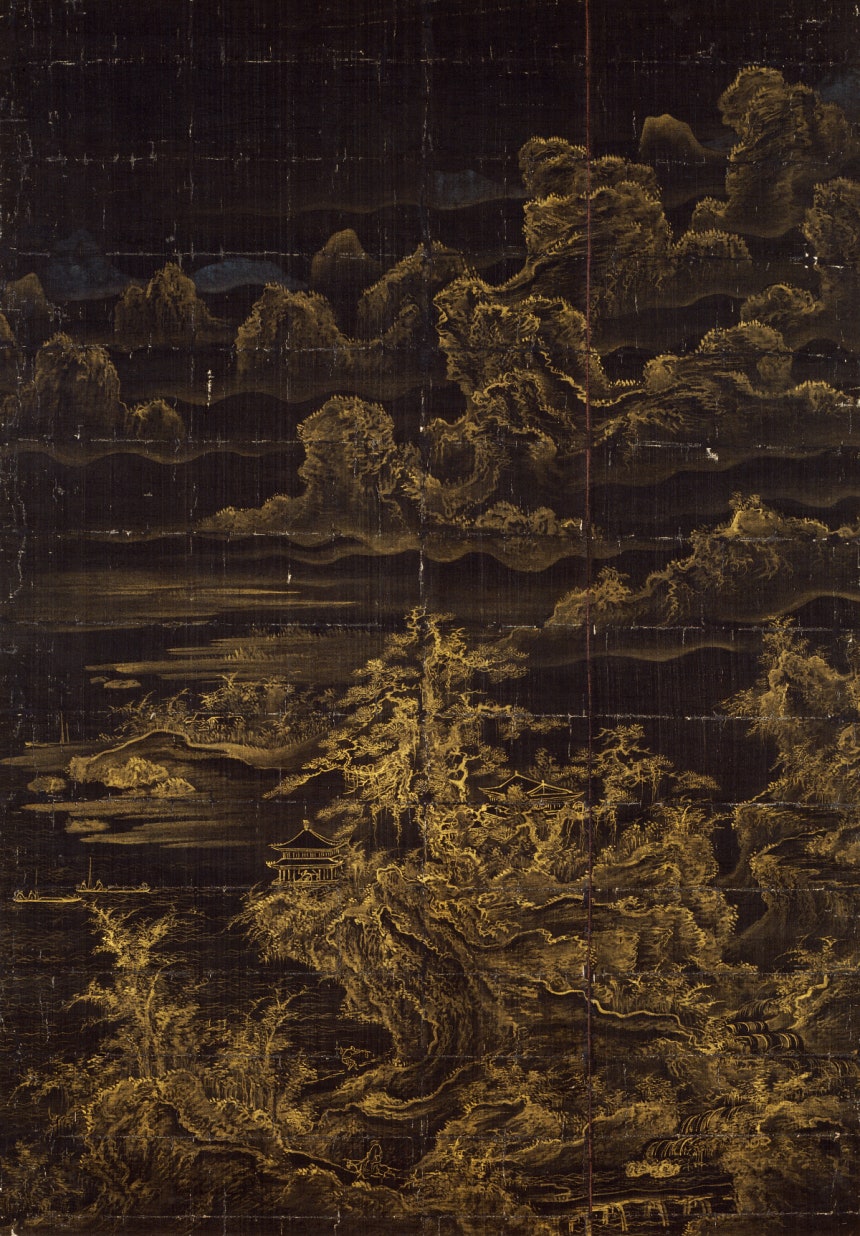 이징‘이금산수도,조선 17세기 중반,흑견에 이금,87.9×63.6㎝,국립중앙박물관 소장