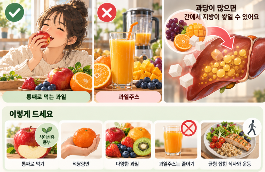 여러 종류의 통과일과 과일주스를 비교해 놓은 모습