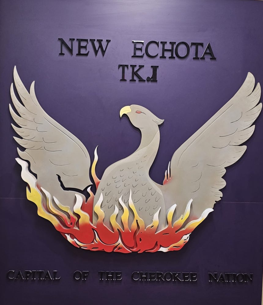 조지아주 뉴에초타 역사공원에 진열돼 있는 체로키 공화국 국기. 손호철 제공