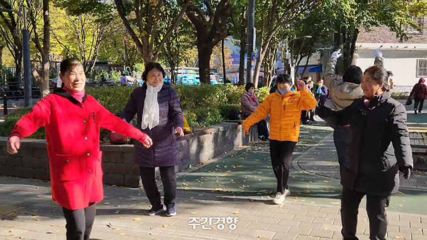 중국 동포들이 서울 영등포구 대림동 다사랑어린이공원에서 광장무를 추는 모습. 오동욱 기자