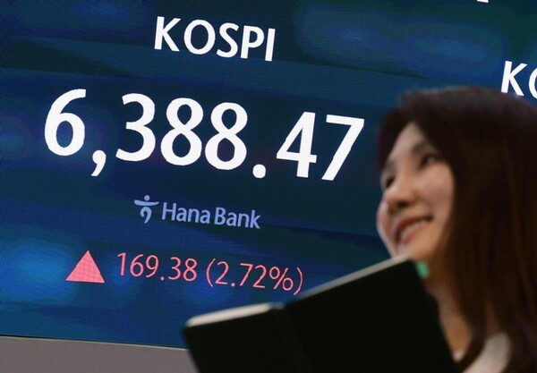 21일 서울 중구 하나은행 본점 딜링룸에 코스피 지수가 표시되고 있다. 이날 코스피가 2% 넘게 상승해 사상 최고치에서 장을 마쳤다. 연합뉴스