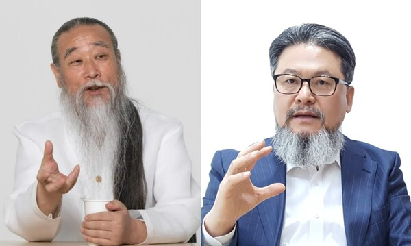 역술인 천공(왼쪽)과 백재권 한국사이버한국외국어대 겸임교수. 연합뉴스