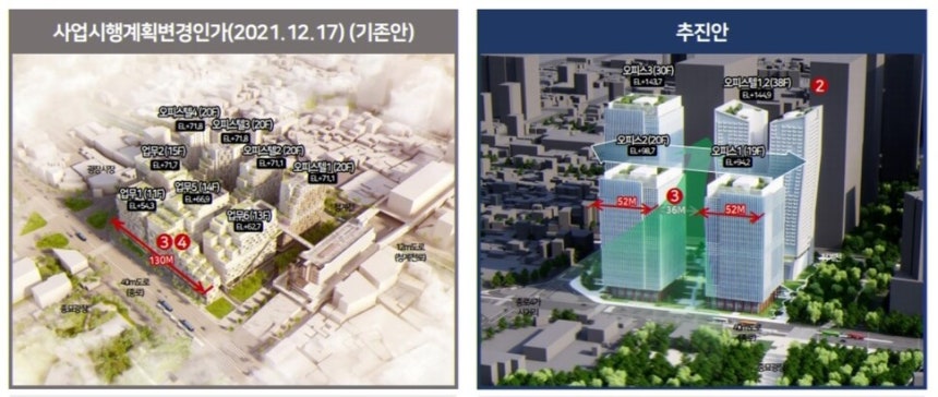 2017년 국제지명현상 설계 공모에서 당선된 네덜란드 업체 ‘케이캅’(KCAP)의 디자인 조감도(왼쪽)와 2024년 ‘희림종합건축사사무소’의 하청을 받은 외국 업체가 새로 제작한 조감도(오른쪽). 오세훈 서울시장이