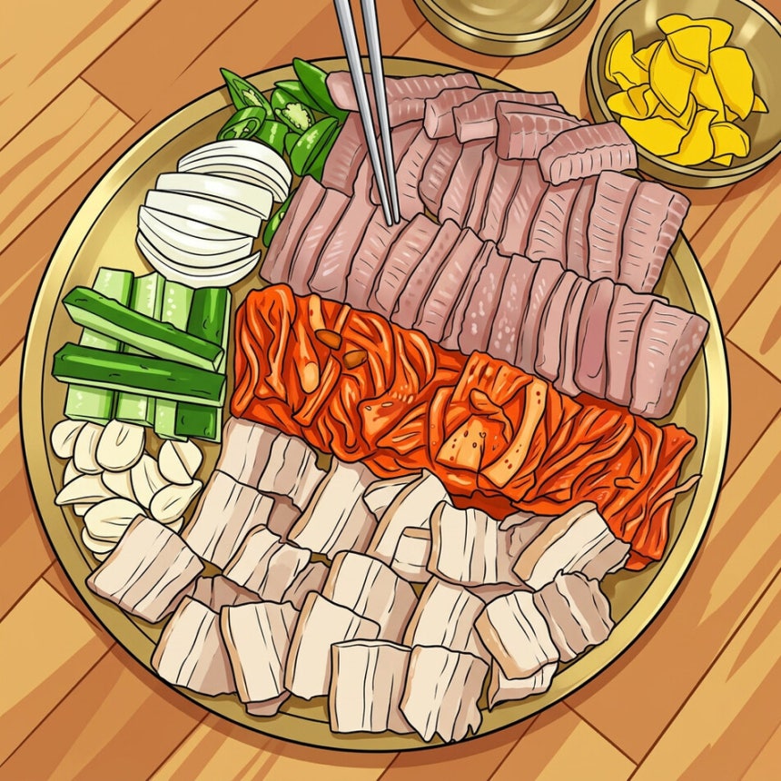 홍어삼합 한겨레 자료 사진을 생성형 인공지능(AI) 퍼플렉시티에서 변환해 만든 일러스트.