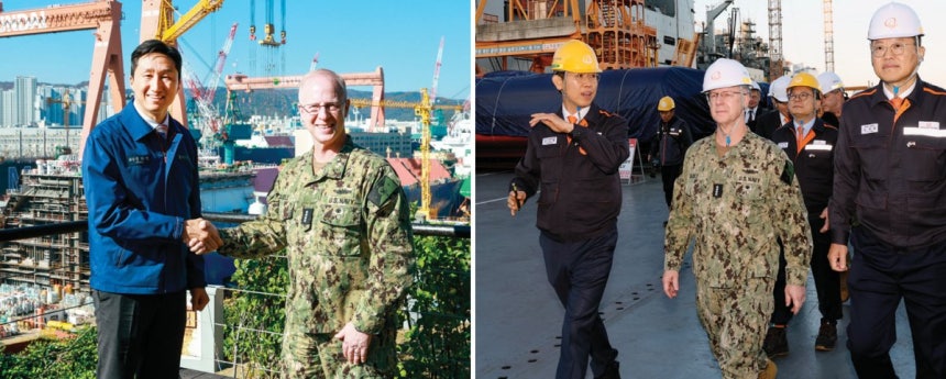대릴 커들 미국 해군참모총장이 11월 15일 울산 HD현대중공업 조선소(왼쪽)와 한화오션 거제사업장을 잇달아 방문했다.HD현대중공업 제공·한화오션 제공