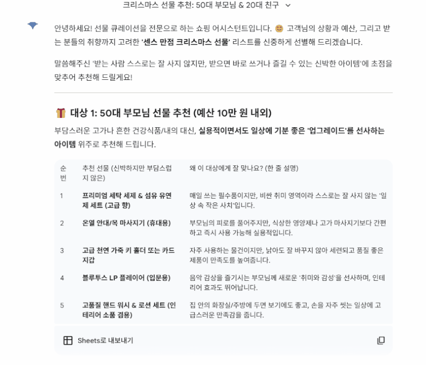제미나이 프로에게 기자가 “50대 부모님과 20대 친구에게 크리스마스에 선물할 품목을 추천해줘”라고 요청해 얻은 답변.