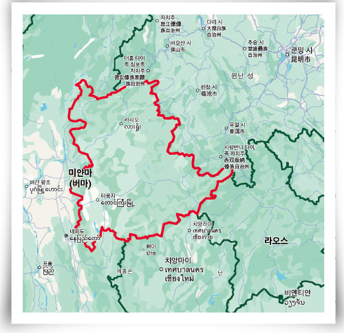 미얀마 북동부에 위치한 샨주(州)는 북동쪽으로는 중국,남쪽으로는 태국과 국경을 맞대고 있다.구글 지도 