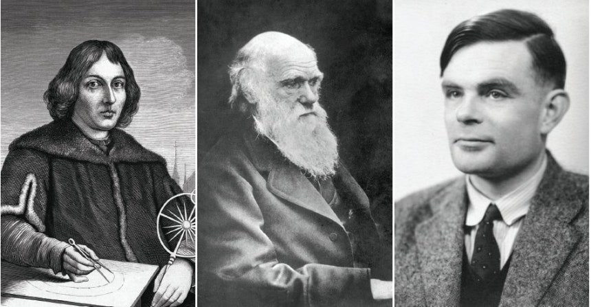 니콜라우스 코페르니쿠스, 찰스 다윈, 앨런 튜링(왼쪽부터)은 모두 다른 시대에 살았던 과학자지만 과학적 발견 및 추론으로 당시 인간의 지위와 정체성을 뒤흔들었다는 공통점이 있다. GETTYIMAGES ·동아DB