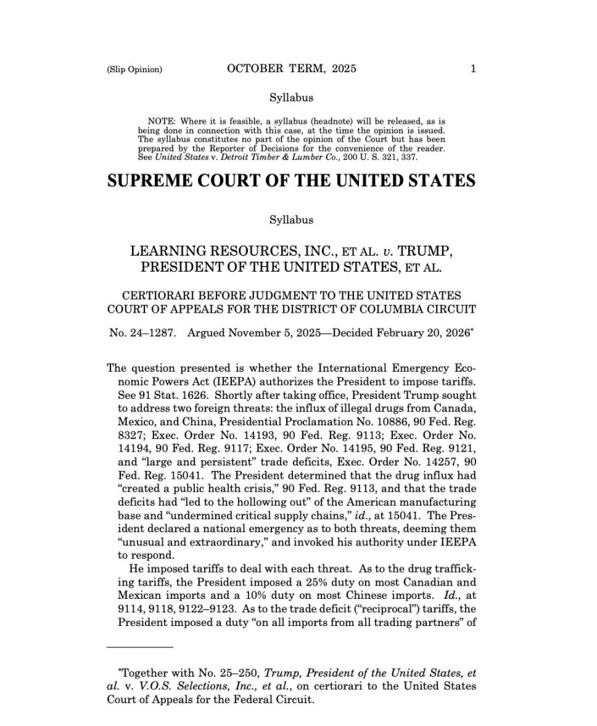미국 연방대법원이 2월 20일 발표한 ‘러닝 리소스 대 트럼프(Learning Resources, Inc. v. Trump)’ 판결문 첫 페이지. 미국 연방대법원 홈페이지