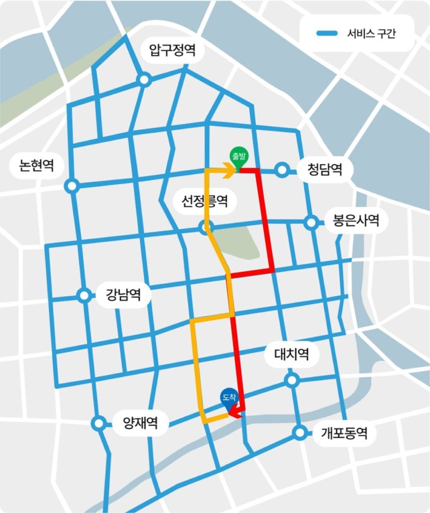 강남 심야 자율주행 택시 서비스 구간 . 붉은색, 노란색은 기자가 탑승해 이동한 동선이다. 