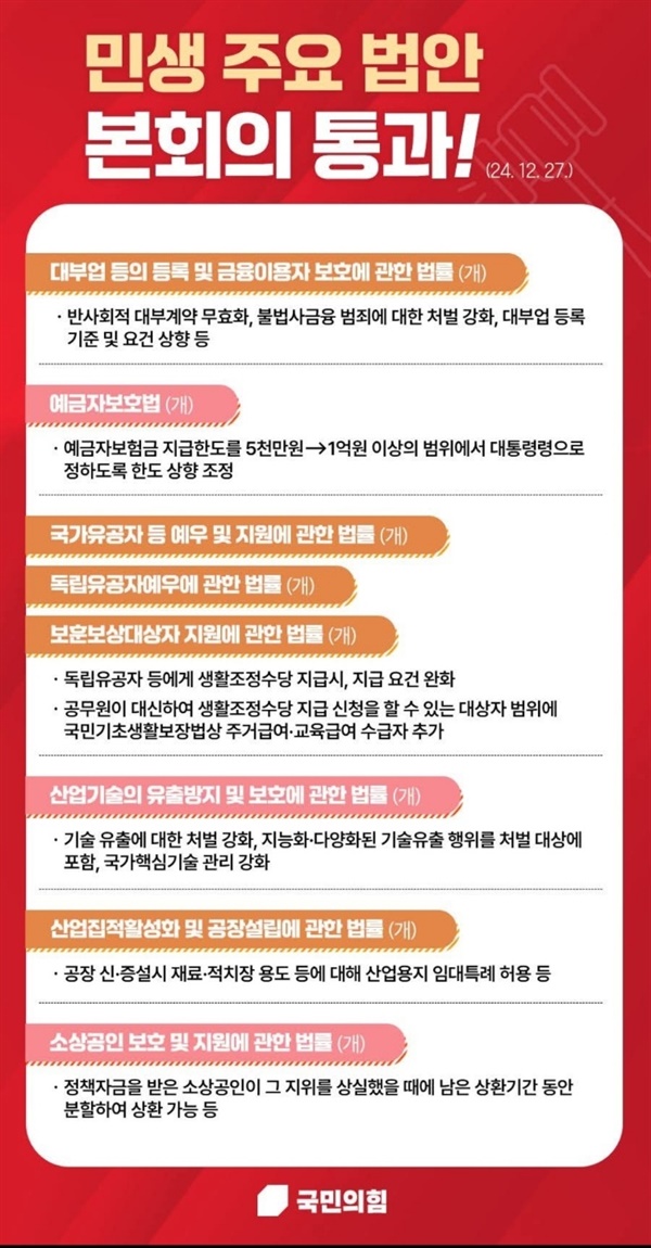 일방 퇴장해놓고... 국힘 "민생법안 통과!" 뻔뻔한 홍보물