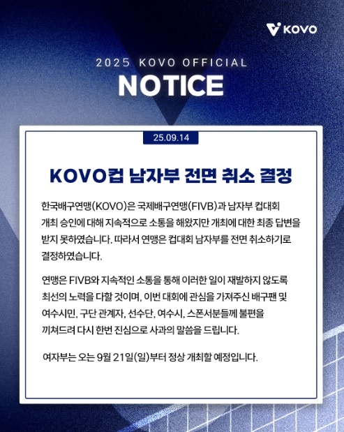 FIVB 승인 못 받은 프로<b>배구</b> 컵대회 <b>남자</b>부 '전면 취소'