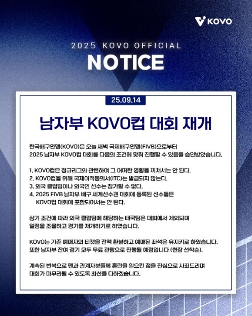 혼란의 KOVO, 취소했던 <b>컵대회</b> 남자부 '조건부 재개'