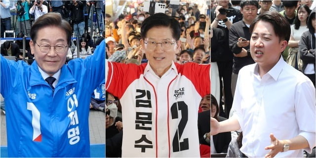 제21대 대통령 선출을 위한 공식 선거운동 이틀째인 13일 더불어민주당 이재명 대선 후보(사진 왼쪽부터)가 대구광역시 동성로 거리에서, 국민의힘 김문수 대선 후보가 울산 남구 신정시장에서, 개혁신당 이준석 대선 후보