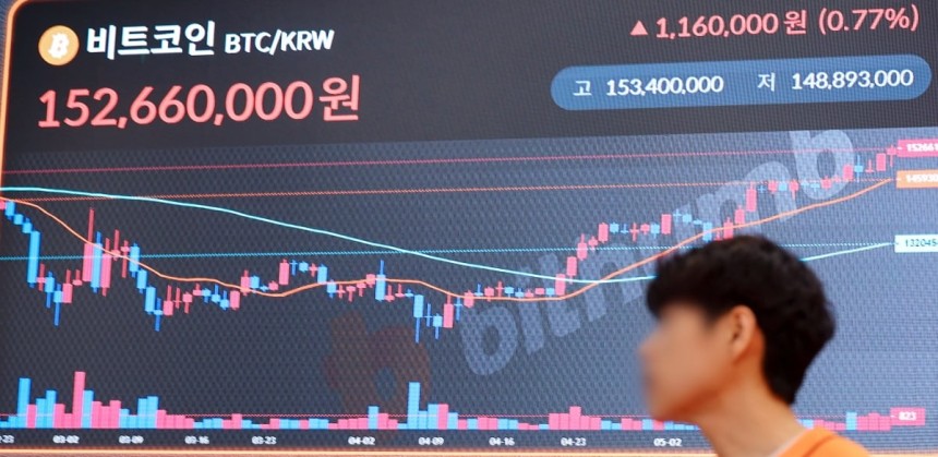 비트코인이 사상 최초로 11만 달러를 넘어선 가운데 5월 22일 서울 서초구 빗썸라운지 강남본점 전광판에 비트코인 시세가 표시돼 있다.  사진=연합뉴스