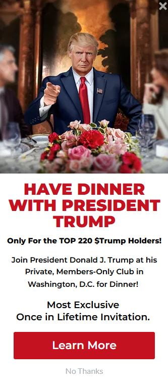 도널드 트럼프 미 대통령이 발행한 밈코인인 $TRUMP 웹사이트에 올라온 “트럼프 대통령과 저녁 식사” 홍보사진./온라인 캡처