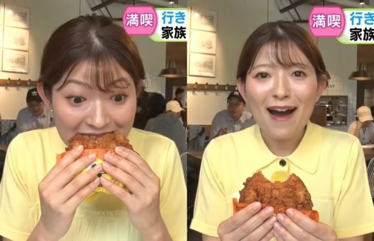 일본인 리포터가 성심당의 대표 메뉴인 '튀김소보로'를 시식하는 모습/사진=삿포로TV(STV)