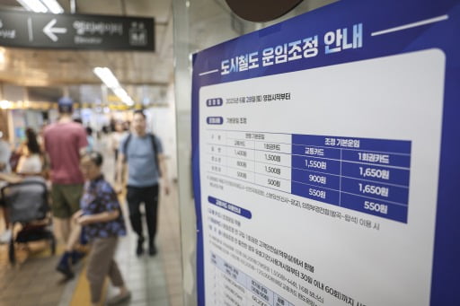 서울·수도권 지하철 요금이 이번 주말부터 150원 오른다. 23일 서울 지하철 2호선 을지로입구역에 도시철도 운임조정 안내문이 붙어 있다.이날 서울시 등에 따르면 서울을 비롯한 수도권의 지하철 기본요금은 28일 첫차