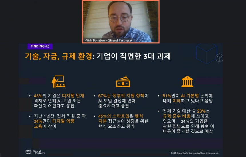닉 본스토우스트랜드 파트너스(Strand Partners) 디렉터가 한국 AI 도입 현황에 대해 발표하고 있다./AWS