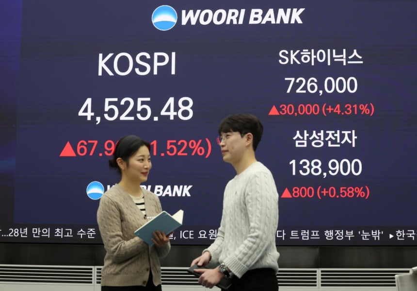 서울 중구 우리은행 딜링룸에 코스피 종가가 표시돼있다.2026.1.6 사진=한경 문경덕 기자