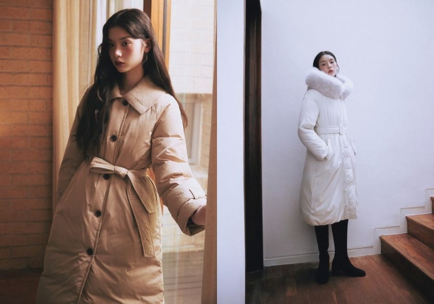 이랜드 로엠 니트카라 트렌치 롱다운(왼쪽), 이랜드 로엠 벨티드 롱다운. (사진=이랜드월드)