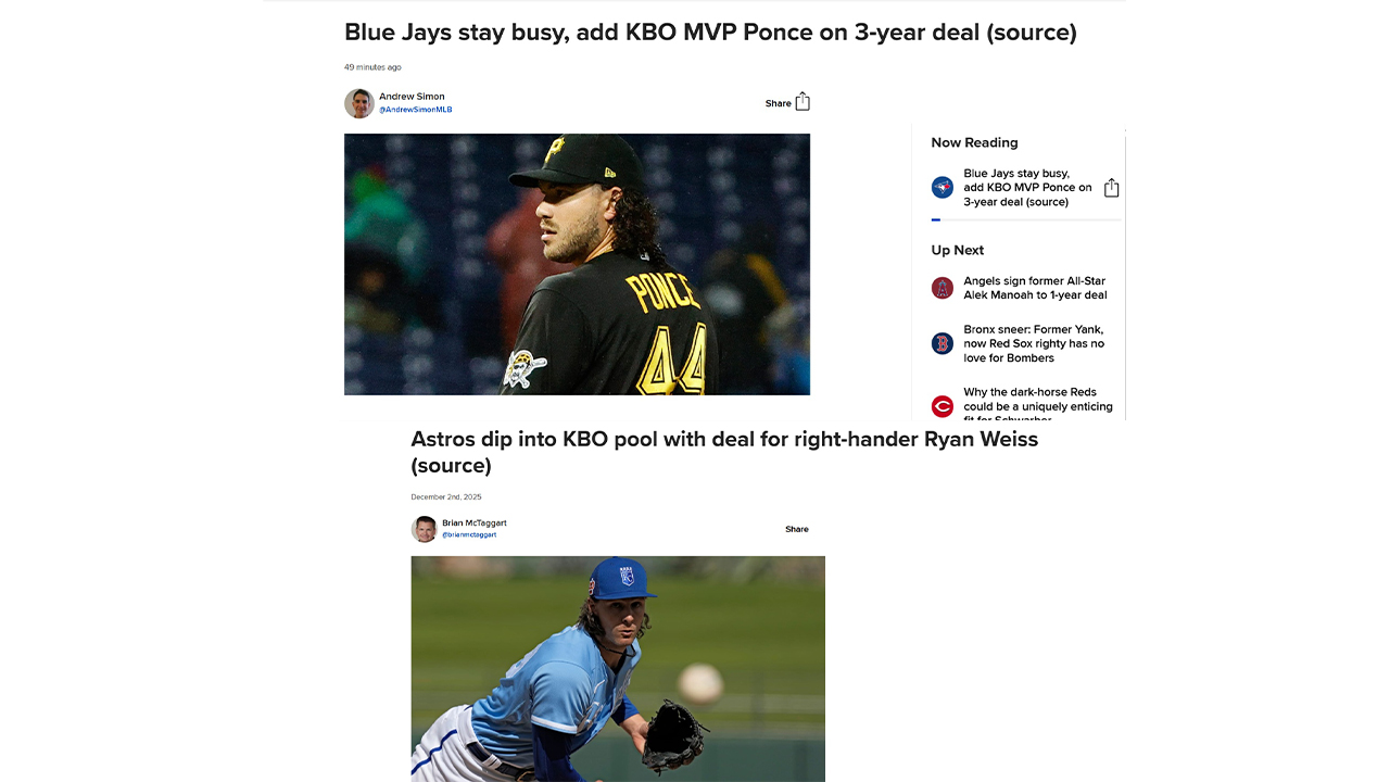 "KBO MVP <b>폰세</b>, <b>MLB</b> 토론토와 계약...<b>와이스</b>는 휴스턴 유력"