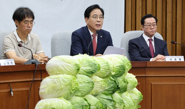 국민의힘, 배추 쌓아놓고 "<b>김민석 지명철회</b>" 연일 압박
