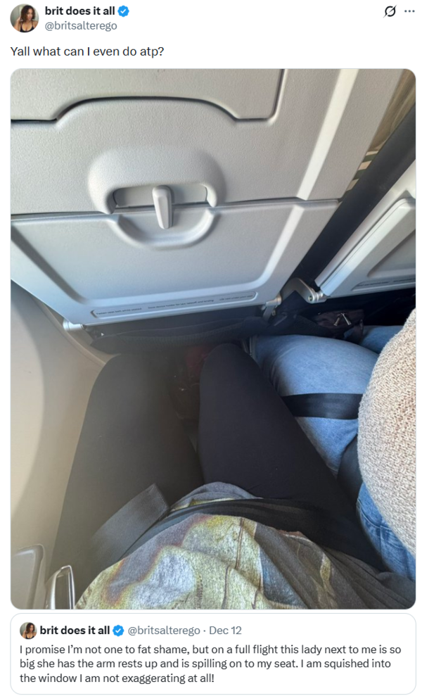 X(옛 트위터)에 한 네티즌이 옆자리의 과체중 승객 때문에 자리가 비좁아져 무릎을 맞대고 있는 사진을 올려 논란이 시작됐다.photo X