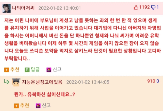 '가난 밈'이 시작된 댓글.photo 온라인 커뮤니티