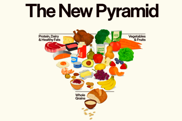 ​새로운 '미국인을 위한 식단 지침'에서 제시한 새로운 '음식 피라미드'.미국인들이 가공되지 않은 자연 그대로의 식품을 꾸준히 섭취할 수 있도록 돕기 위해 고안된 간단한 안내표다.photo 미 보건복지
