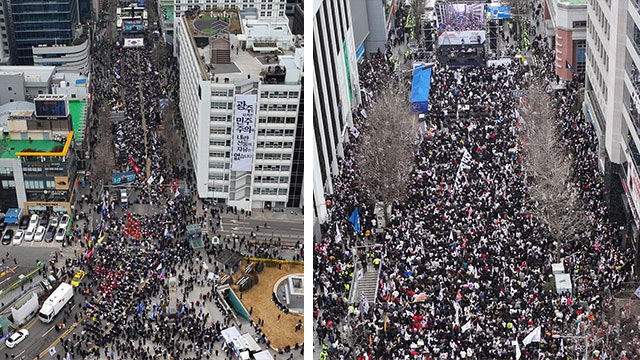 ‘반으로 나뉜 <b>광주</b> 금남로’…<b>윤석열 탄핵</b> 찬·반 <b>집회</b>