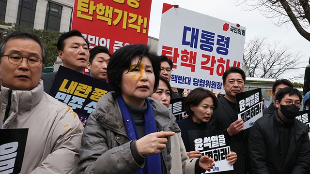 <b>헌재</b> 앞 민주당 의원에 <b>계란 투척</b>…경찰 “전담팀 구성해 엄정 수사”