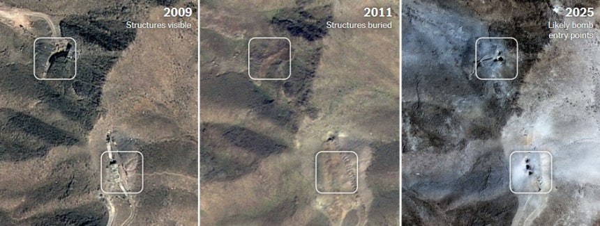 포르도의 핵시설 2009, 2011, 2025년.  미국의 공습으로 구멍이 뚫린 흔적이 선명하다.                      출처:막사 위성 사진