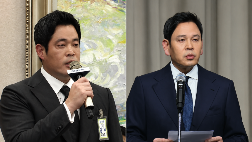 2013년 11월 국회 국정감사에서 대국민 사과 중인 정용진 신세계 부회장(왼쪽)과, 2026년 5월 서울 강남구 센터필드에서 대국민 사과 중인 정용진 신세계 회장(오른쪽) [KBS 자료화면]