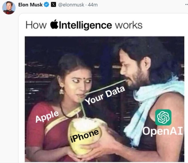 Elon Musk在X上發布的帖子。打開AI的圖像通過Apple的iPhone吸收了用戶的數據。/ Illon Musk X Post Capture