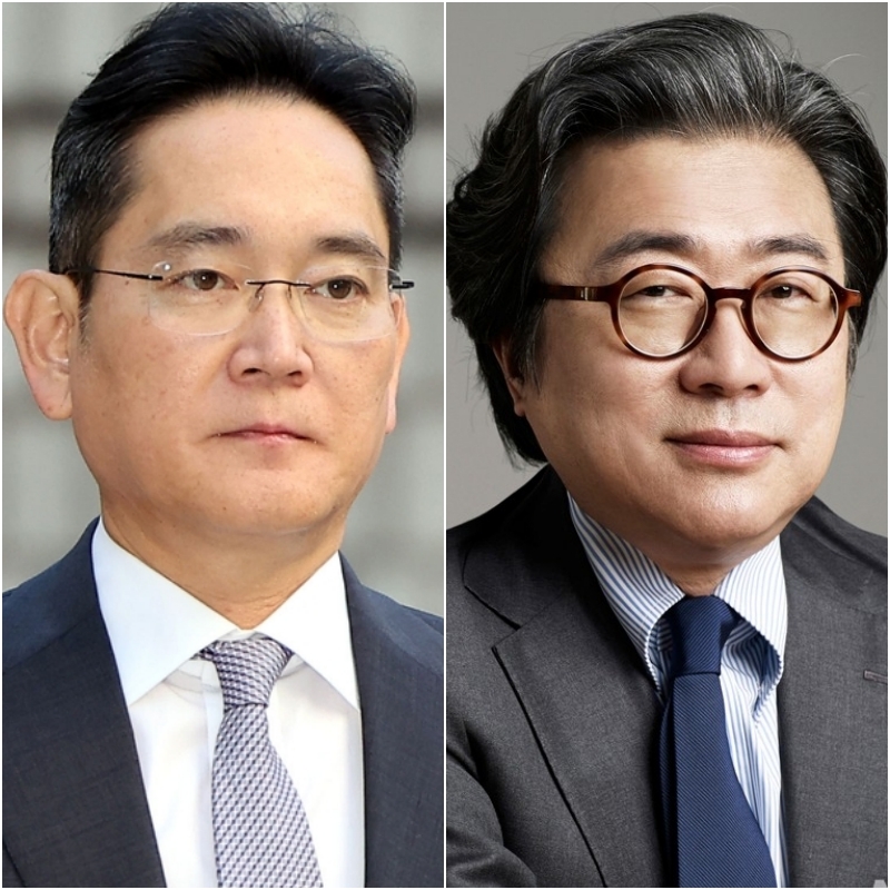 이재용 삼성전자 회장과 조정호 메리츠금융지주 회장의 모습.