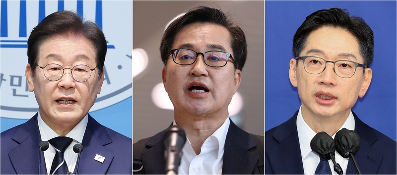 더불어민주당 제21대 대통령선거 경선 출마자들. 왼쪽부터 비전 발표하는 이재명 전 민주당 대표, 출마 선언하는 김동연 경기지사, 출마 선언하는 김경수 전 경남지사 / 사진=연합뉴스