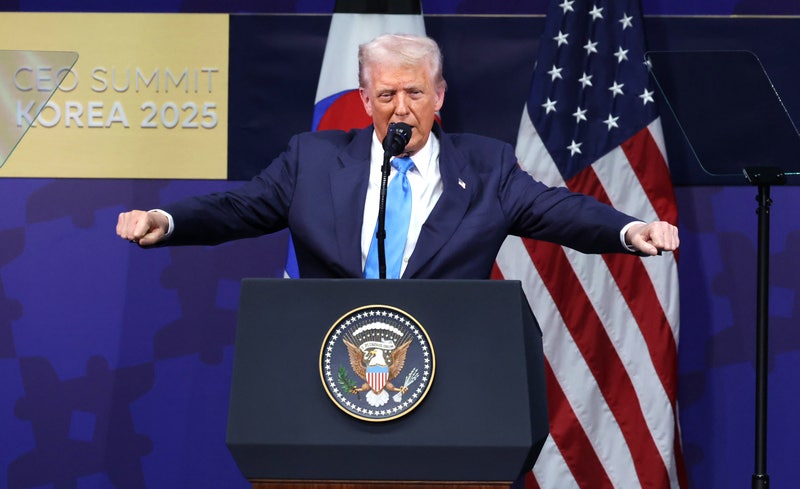 도널드 트럼프 미국 대통령이 29일 경북 경주 예술의전당에서 열린 '2025 아시아태평양경제협력체 최고경영자 서밋(APEC CEO SUMMIT)'에 참석해 연설하고 있다. / 사진=연합뉴스