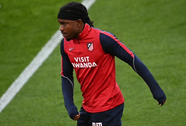 Atletico Madrid's Nigerian midfielder #11 Ademola Lookman takes part in a team training session on the pitch at Anfield stadium in Liverpool, north-west England on September 8, 2026, on the eve of their UEFA Champions League, first round football match against Liverpool. (Photo by Paul ELLIS / AFP)