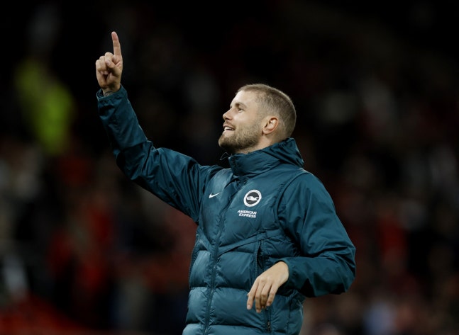 Soccer Football - Carabao Cup - Third Round - Manchester United v Brighton & Hove Albion - Old Trafford, Manchester, Britain - September 16, 2026 Brighton and Hove Albion manager Fabian Hurzeler celebrates after the match Action Images via Reuters/Jason Cairnduff EDITORIAL USE ONLY. NO USE WITH UNAU