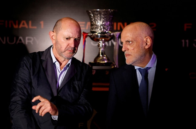 FILE PHOTO: Soccer - Spanish Super Cup - Final - The Royal Spanish Football Federation Press Conference - Jeddah, Saudi Arabia - January 9, 2026 LaLiga president Javier Tebas and President of the Royal Spanish Football Federation Rafael Louzan Abal during the press conference REUTERS/Vincent West/Fi
