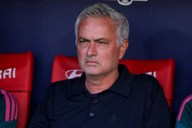 Real Madrid's Portuguese coach Jose Mourinho looks on during the Spanish league football match between Club Atletico de Madrid and Real Madrid CF at the Metropolitano stadium in Madrid on September 20, 2026. (Photo by Thomas COEX / AFP)